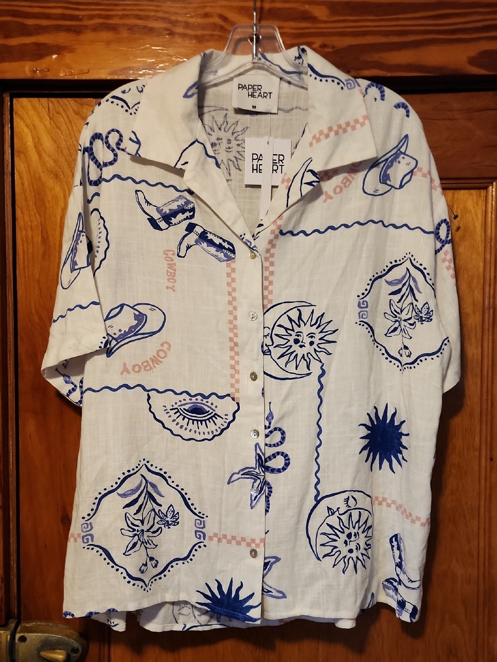 Paper Heart Linen Blend Short-Sleeve Nautical Cowgirl Print Shirt Medium